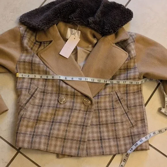 NWT Rachel Parcell Camel Plaid Cropped Coat Polyester Wool Blend Size XS - Picture 5 of 12